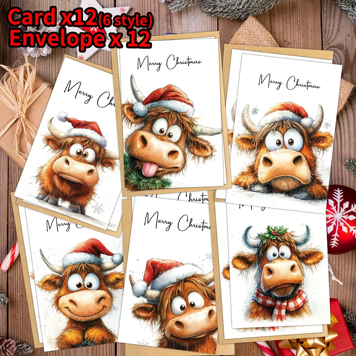 12pcs Festive Hignland Cow Christmas Greeting Cards with Envelopes - Happy Holidays Cards with Envelopes, Merry Christmas & New Year Celebration Cards, Perfect for Holiday Wishes & Thank You Notes, Gift for Anyone, Stationery
