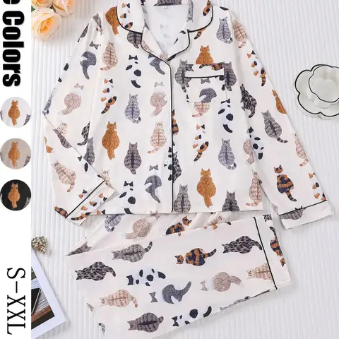Women's Cute Cat Print Pajama Set, Long Sleeve Lapel Top & Elastic Pants, Comfortable Fall Winter Sleepwear, Casual Home Wear, Long Sleeve Pyjamas