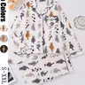 Women's Cute Cat Print Pajama Set, Long Sleeve Lapel Top & Elastic Pants, Comfortable Fall Winter Sleepwear, Casual Home Wear, Long Sleeve Pyjamas