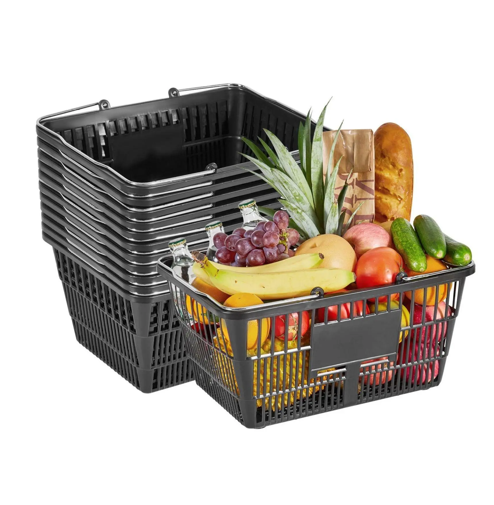 Grocery Baskets 12-Pack, 21L Stackable Plastic Shopping Baskets with Handles, Heavy Duty PE Mesh for Supermarket, Home, Stores - Black 21 L