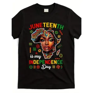 Women's Juneteenth Black T-Shirt - African Map & Pan-African  -  "JUNETEENTH IS MY INDEPENDENCE DAY" Text - Cultural African Symbols - 100% Cotton Regular Fit Short Sleeve Shirt - African Celebration Apparel - Birthday of Freedom -
