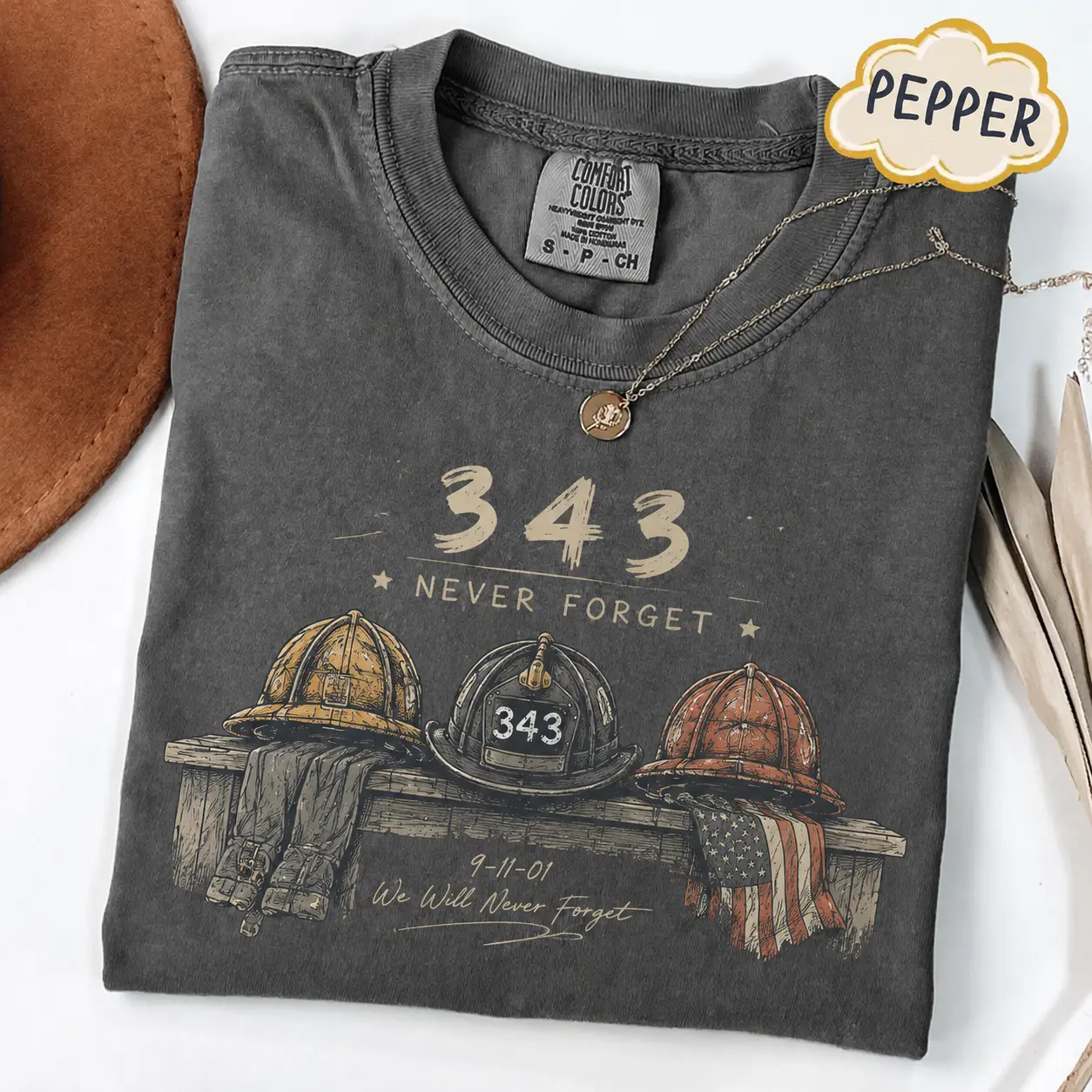 343 Never Forget Comfort Colors T Shirt, 9/11 Firefighter Memorial Graphic Tee, Fallen Heroes Helmet Tribute, American Flag First Responder Remembrance Gift for Men and Women