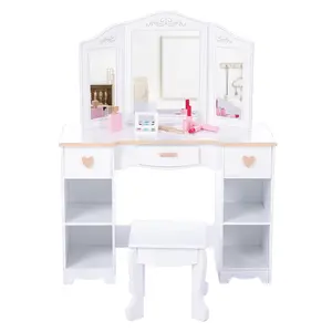 GARVEE White Wooden Vanity Desk Furniture - Pretend Play Dressing Table for Little Girls with Tri-Fold Mirror, Stool, 3 Drawers, 4 Open Shelves