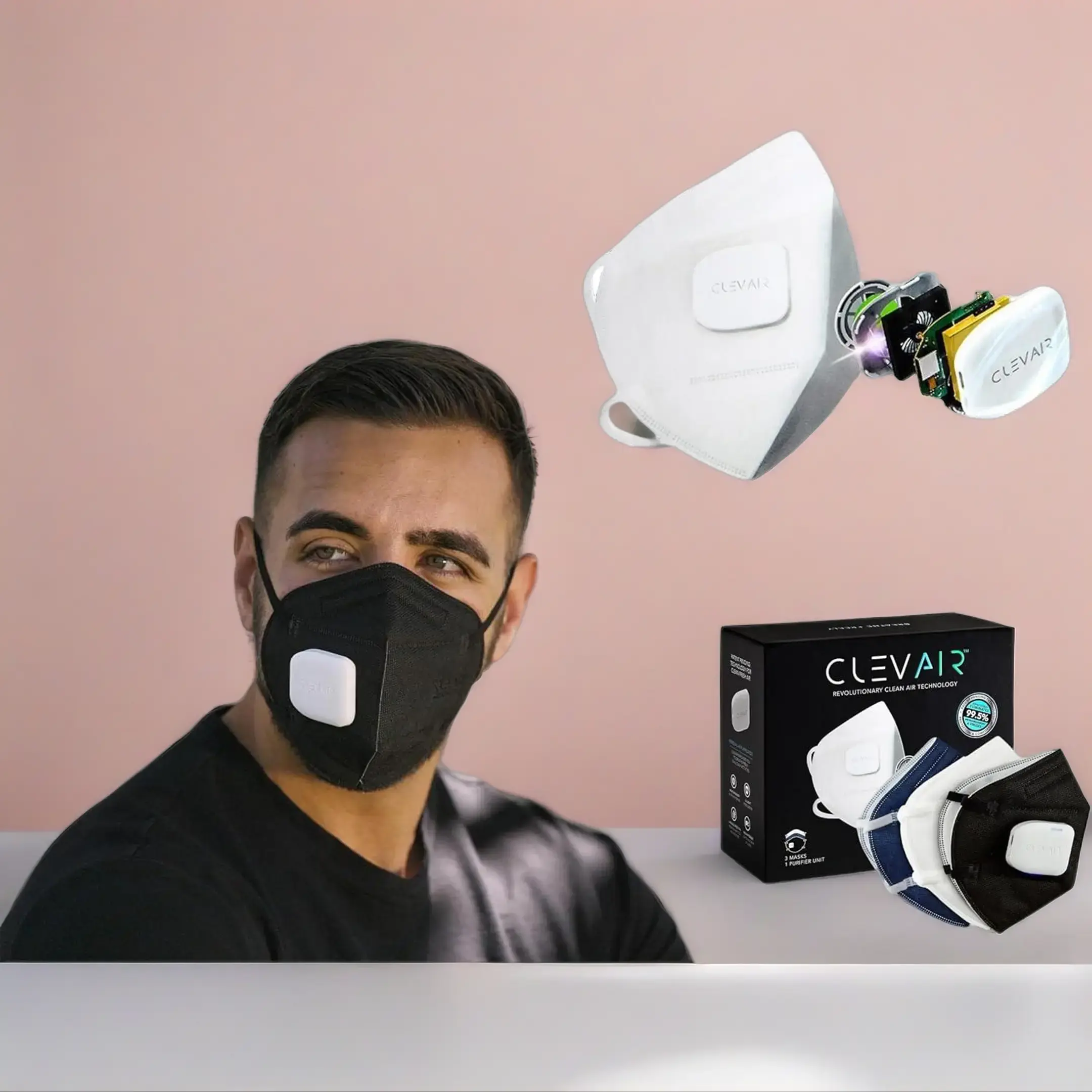 CLEVAIR Reusable Cooling Fan Respirator Mask - Rechargeable Battery, Fan Unit, Up-to-5-Hours Runtime, Filter-Equipped Wearable Purifier, Breathable, Dust Protection, Unisex, Interchangeable Mask Colors, Silicone Nose Piece, Fog Prevention Fit, Woodworking