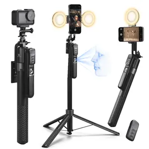 K&F CONCEPT 71in 360° Rotatable Face Tracking Selfie Stick Tripod - Portable Phone Mobile Accessory, Bluetooth Remote, Stabilizer Gimbal, 2 Optional Fill Lights, Lanyard, Black/White Textured, for Beach Vlogging