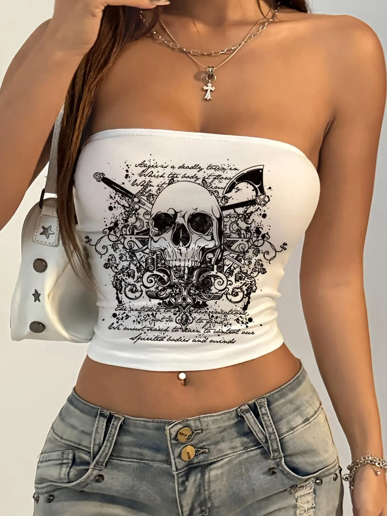 Y2K Skull Strapless Crop Top, Cropped Top, Sleeveless Top, Gothic Punk, Tube Top for Women, Bandeau Tube Tops, Streetwear for Festival & Club Outfits, Soft Stretchy Fabric, 2000s Fashion, Skeleton Print Graphic Bandeau Top, TikTok Outfit Idea