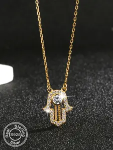 S925 Sterling Silver Hamsa Hand Design Religious Pendant Necklace for Women, Zircon Decor Adjustable Necklace, Fashion Jewelry Accessories for Daily Wear