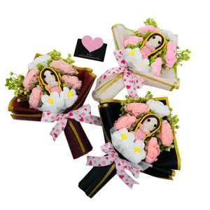 Handmade Crochet Rose Virgin Mary Doll Bouquet, Mother's Day Friend Lover Grandmother Party Gift, Fake Flower Arrangement Knit Memorial Gift