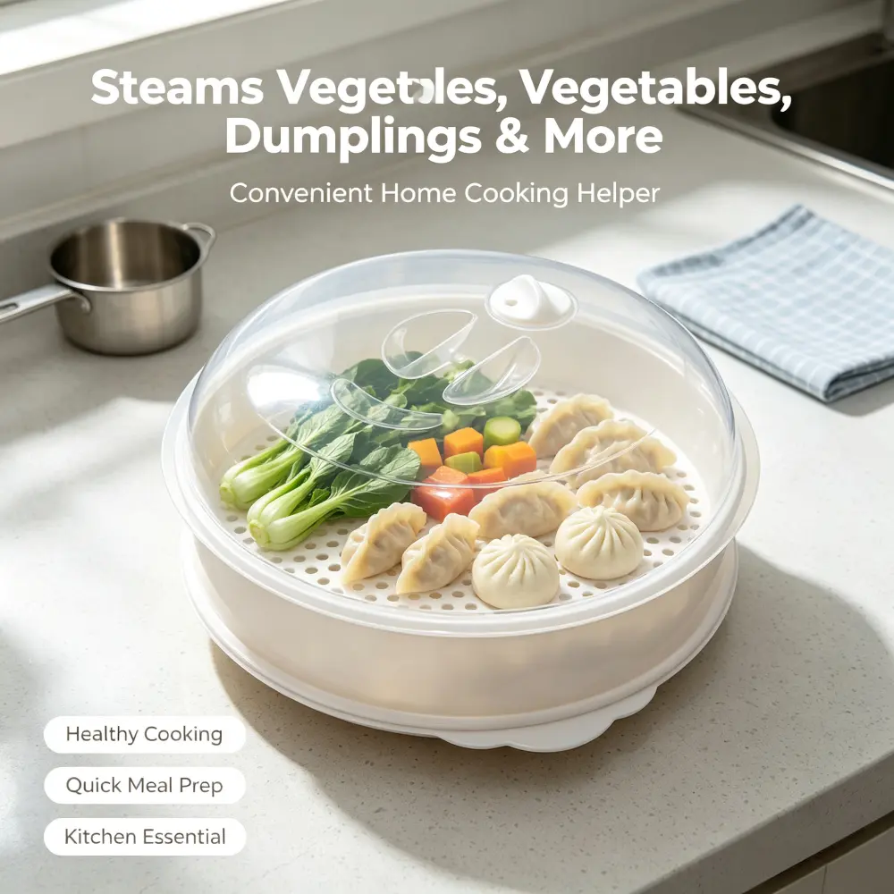 Microwave Steamer for Cooking, BPA‑Free Plastic Microwave Steam Cooker with Vented Clear Lid, Vegetable & Dumpling Steamer Container for Quick Healthy Meals