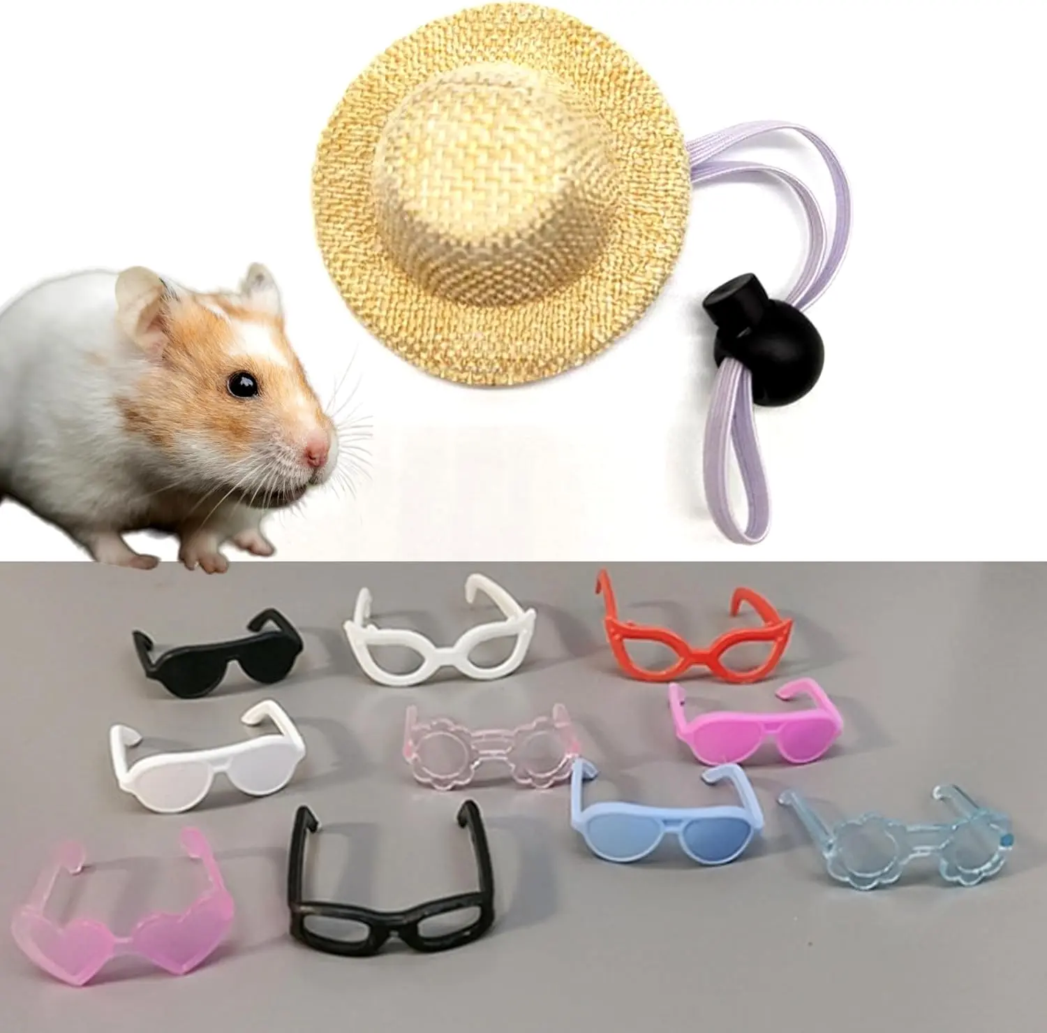 Beige Small Pet Outfit Accessories Set - Cute Hamster Hat & 1-Pc Funny Sunglasses for Small Reptiles & Rodents, Ideal for Picnic, Birthday, Holiday