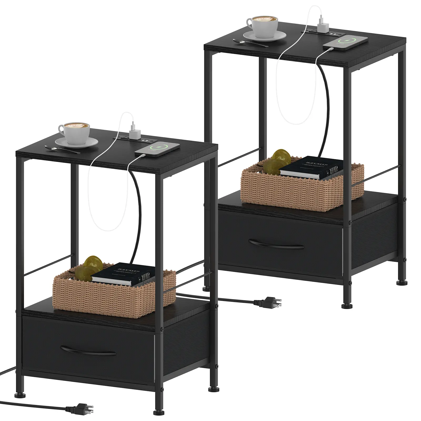 Nightstand with Charging Station Set of 2, Black Side End Table with USB Ports and Outlets, 2 Tier Small Side Table with Drawer, Modern Bedside Table with USB Ports and Storage, for Bedroom Living Room