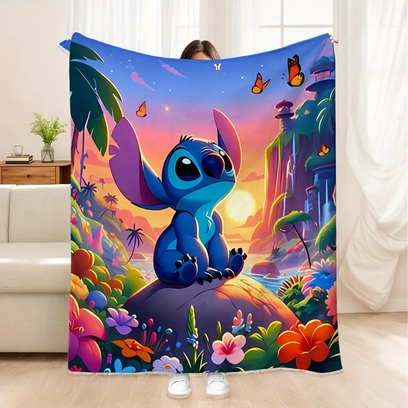 DISNEY CLASSIC Stitch Sunset Digital Print Flannel Blanket - Vibrant Geometric Pattern Soft Warm All-Season Throw for Bedroom Living Room Office Light