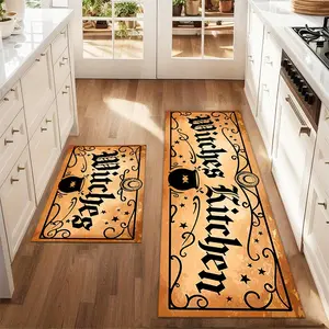2Pcs Halloween witch hat broom Floor mat set for farmhouse kitchen Rug restaurant floor laundry room decor carpet mat