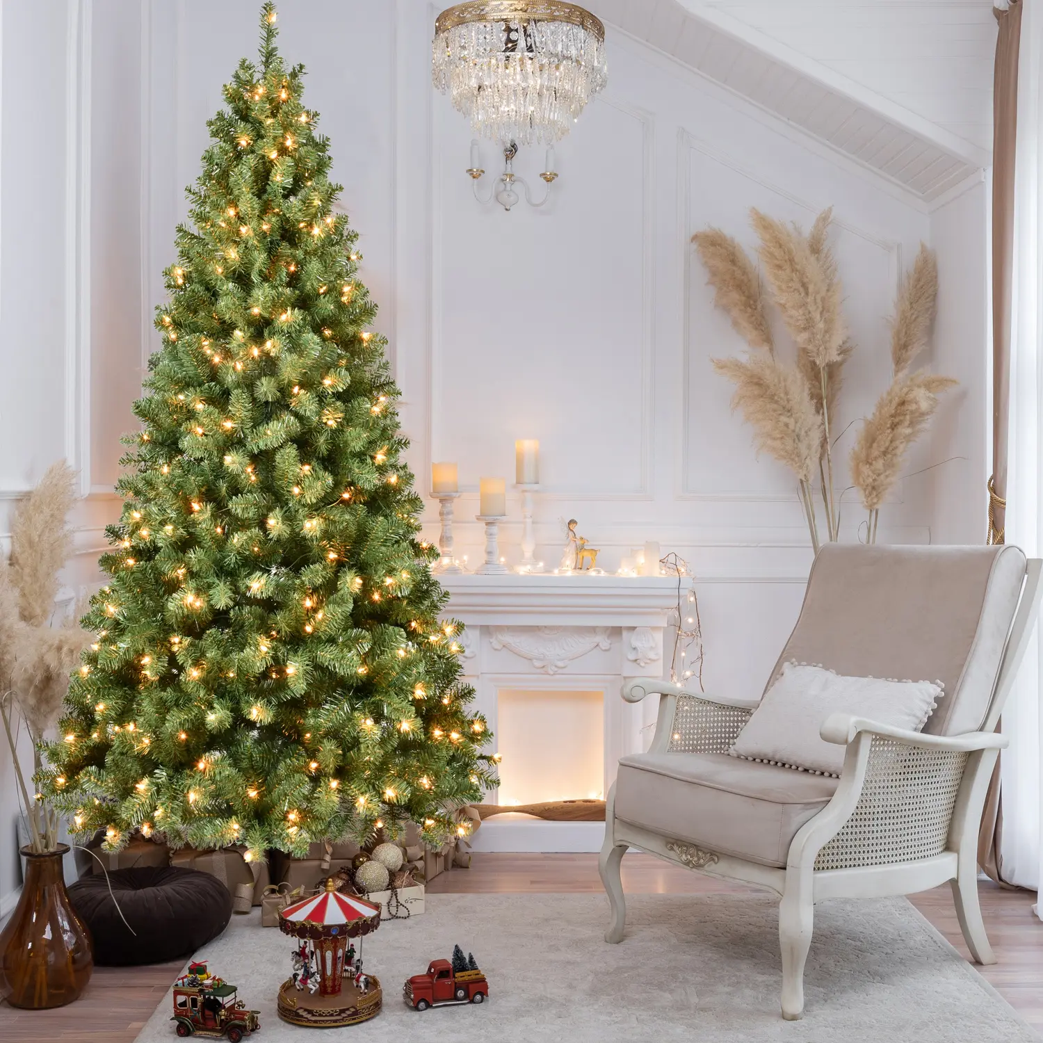 7ft Classic Automatic PVC Artificial Christmas Tree - Pre-Lit with 400 UL Warm White Lights, 1072 Tips, Auto-Unfold Memory Wire, Easy Assembly, Stable Metal Stand, Space-Saving Full Appearance Indoors Home Holiday Decorations, 400 Ul Lights, Lighted
