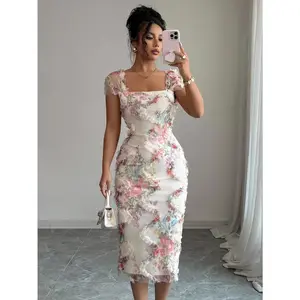 New European and American style women's mesh floral print dress, elegant and stylish, pleated slim-fit casual dress