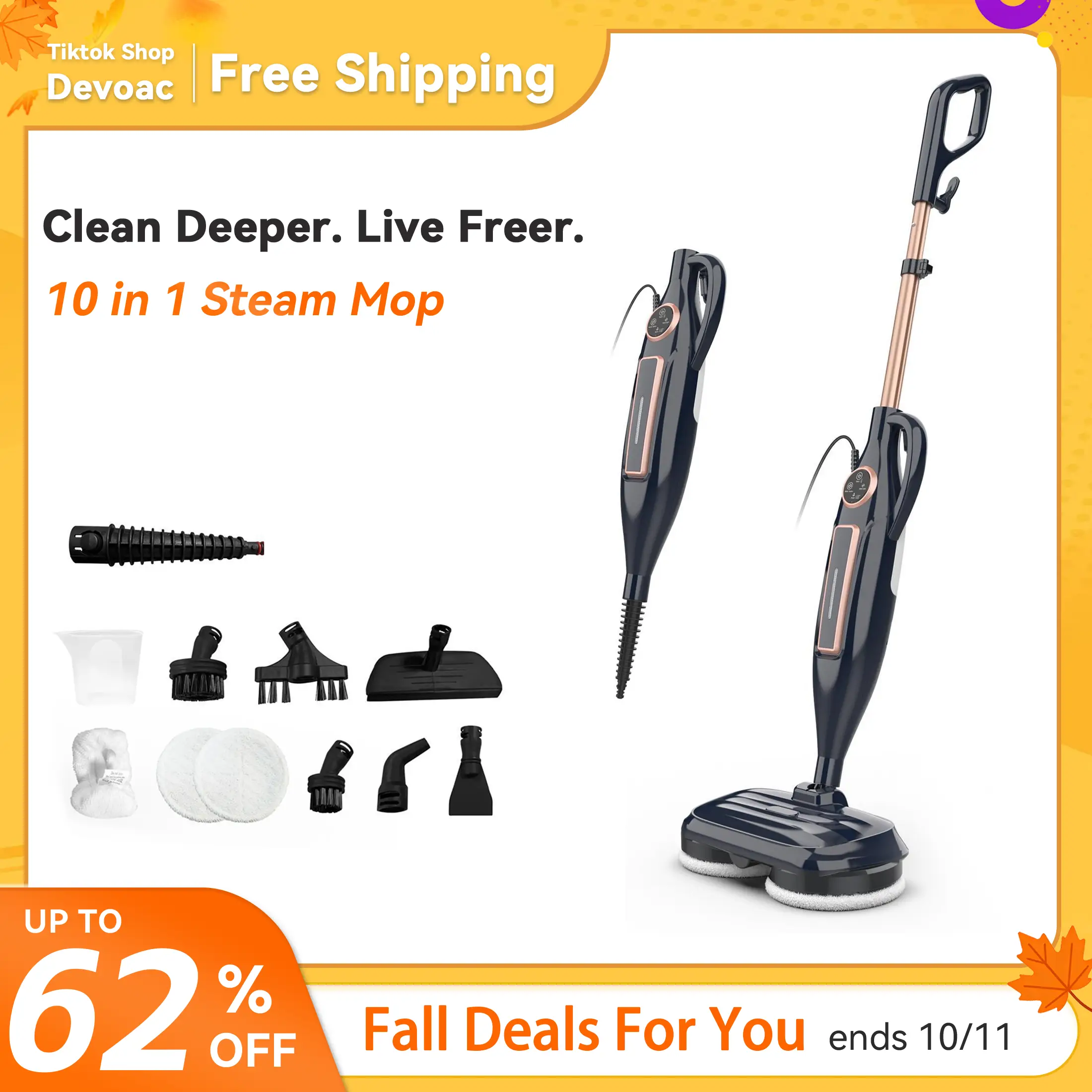 [FallDealsForYou]DEVOAC 10-in-1 Electric Steam Mop with Detachable Handheld Steamer Lightweight for Walls Floors,Tiles Tackles Grease&Sticky Messes,St
