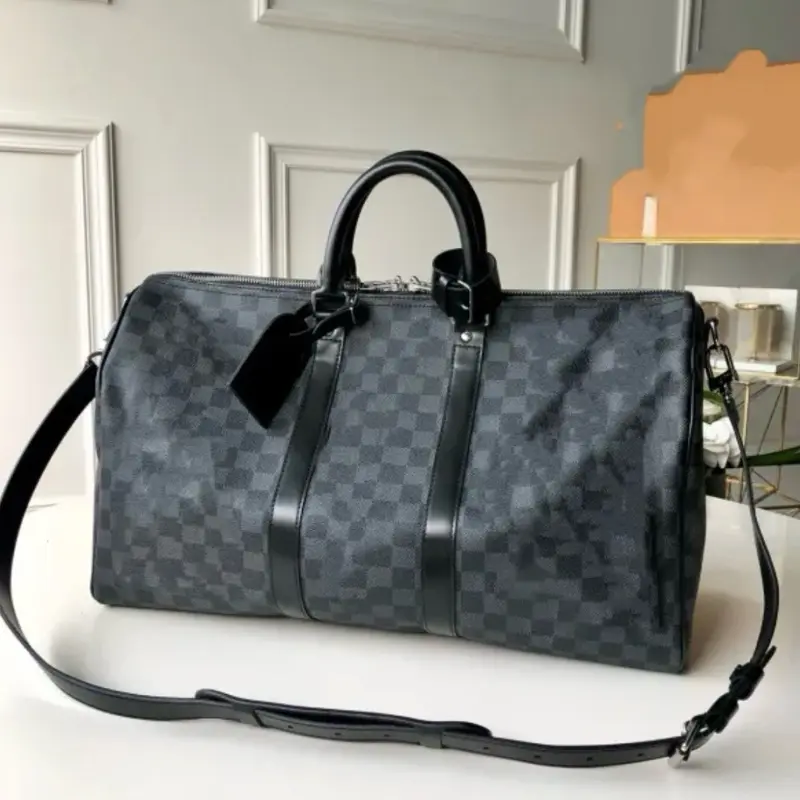 XL Duffel Bag 55cm - Checkered Pattern with Black Leather Accents and Adjustable Strap