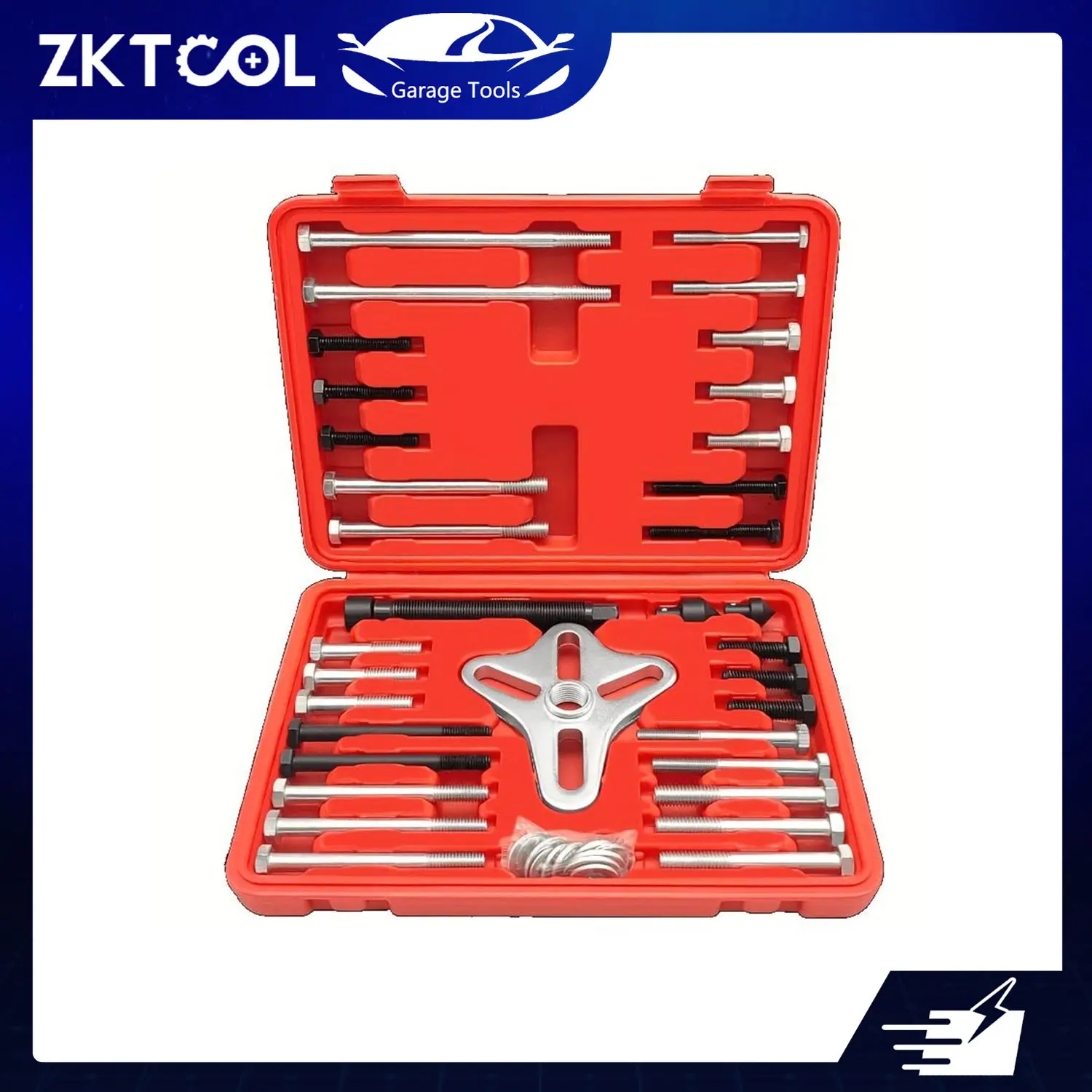 ZKTOOL 46-Piece Carbon Steel Harmonic Balancer Puller Kit - SAE/Metric Mechanic Tools, Automotive Repair Kit with Steering Wheel Remover, Flywheel Extractor, Crankshaft Detacher, Hook Bolt Set for Cars, Trucks, Crankshaft Pulley