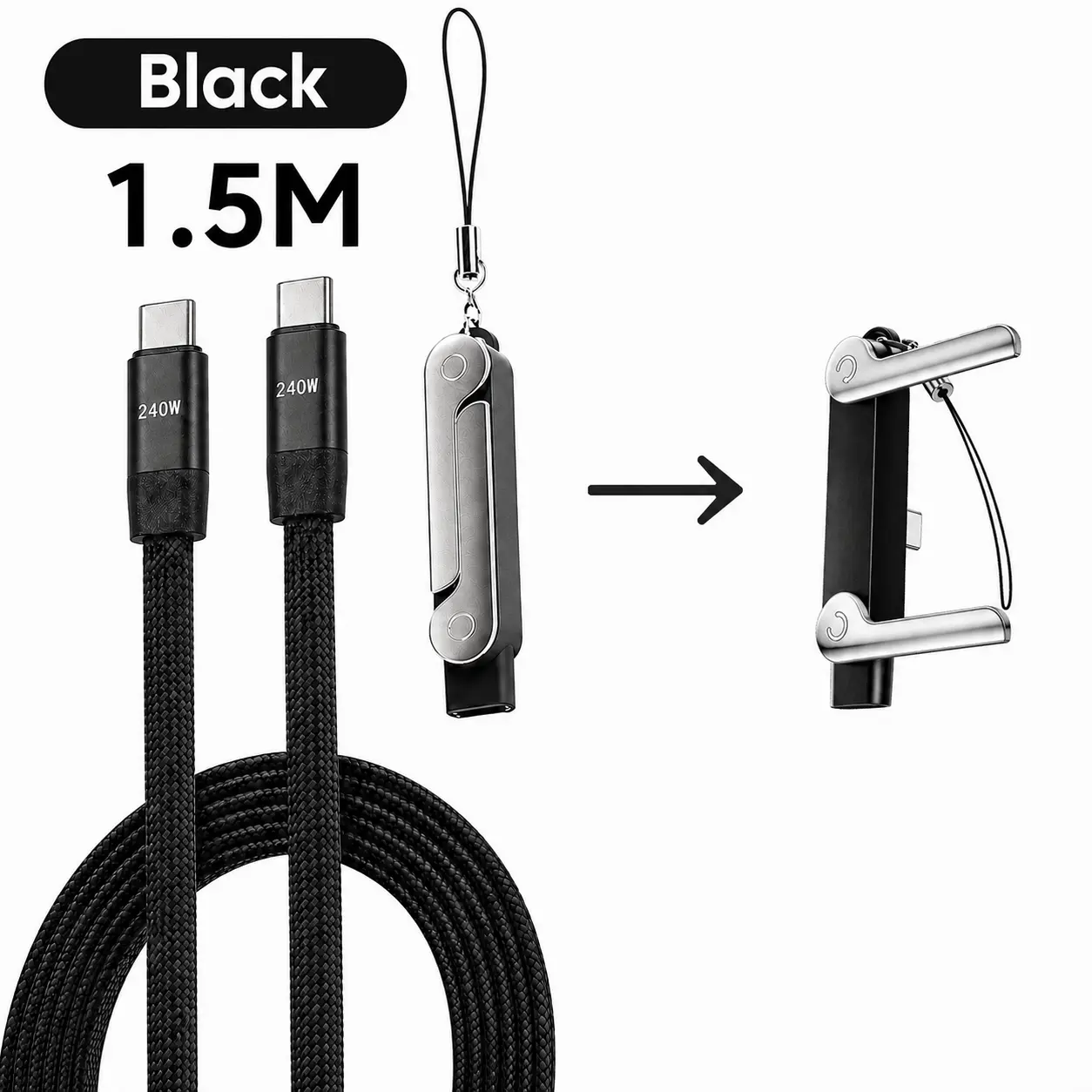 240W Fast Charging USB-C to C Cable with Folding Cellphone Stand, Adjustable Electronic Desktop Holder for Mobile Smartphone, Laptop & Gaming Setup