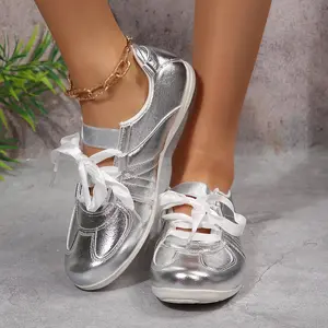 Shiny Metallic Women's Sneakers Cute Bowknot Lace-up Flat Indoor Outdoor Shoes Perfect for Street Style & Daily Outfits