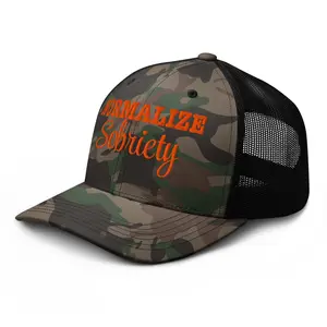 NX Normalize Sobriety Camo Trucker Hat Embroidered Curved Bill Low Crown Adjustable Anniversary Sober AA NA Recovery Cap