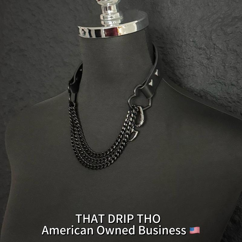ThatDripTho Lucky Red Leather with Thick Chains, Movable Pulling Chain Daily Wear Leather Necklace Choker Punk, gothic-inspired accessories slipchaincollarwomen necklaces choking necklace male accessories gothic jewelry necklaces for women collar
