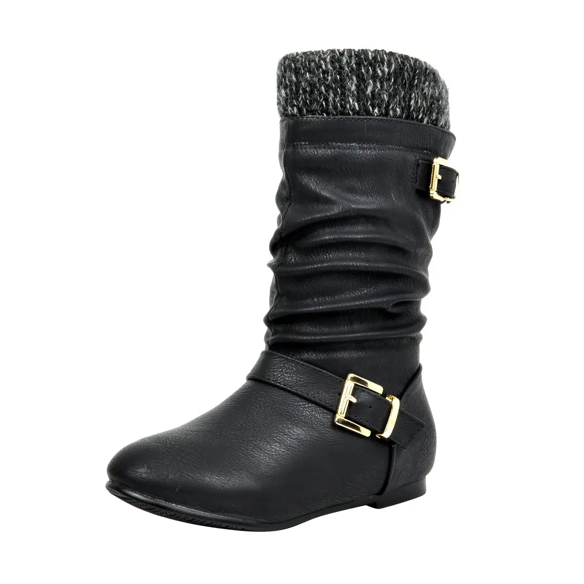 Dream Pairs Girls' Faux Fur Lined Winter Riding Boots, 7" Shaft with Side Zip, 0.25" Low Heel, Round Toe & Adjustable Buckle, 0.25" Heel