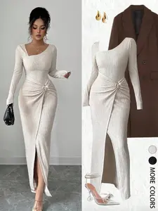 Women's Spring Solid Color Twisted Formal Long Dress, Asymmetrical-Neck Elastic Knitted Fabric Texture Tight Slim Fit Bodycon, Twisted And Slit Design Dress, Long Sleeve Dress, Womenswear, Fall Women Clothes, Spring Modest Clothes For Women