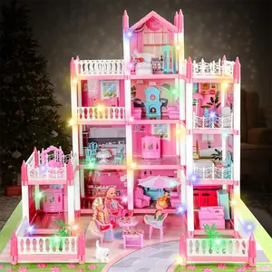 Villa Toys for Girls, 4 Stories 11 Rooms Villa Playset with Dolls, Lights, Furniture, Slide Accessories, DIY Pretend Toddlers House kit DIY House Model Landscape for Girls Birthday Gift