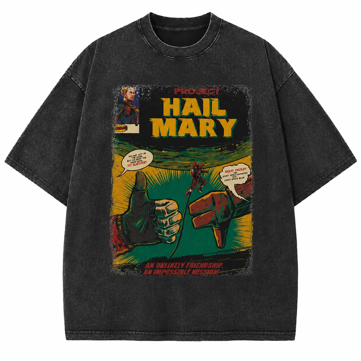 Project Hail Mary Retro Sci-Fi Movie Graphic Washed T-Shirt, Vintage Distressed Comic Style Astronaut Space Mission Oversized Crew Neck Tee, Soft 100% Cotton Streetwear Top for Men and Women, Casual Wear, Movie Fans and Gift