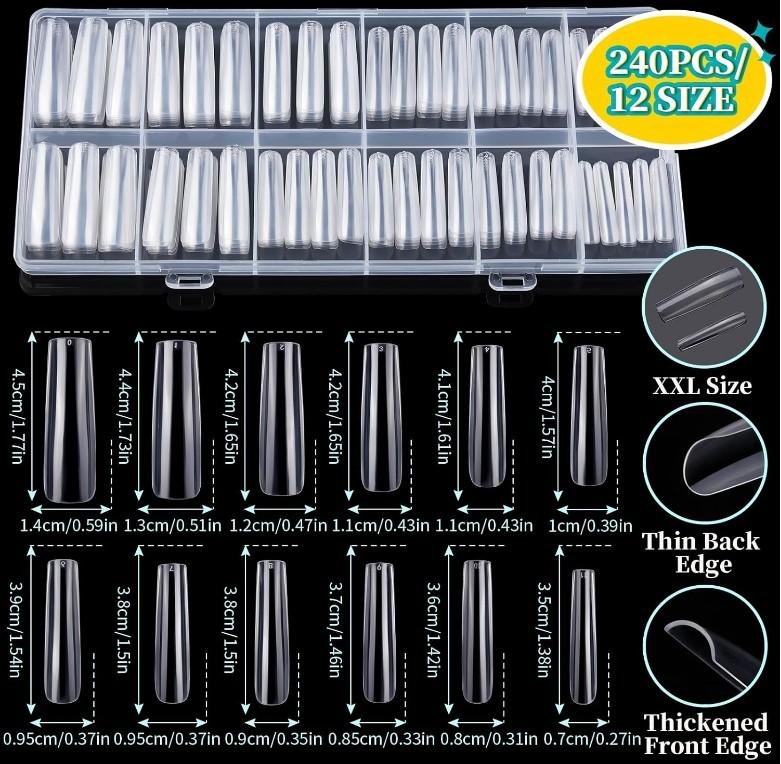 Teenitor Square Nail Tips with Nail Charms Nail Art Brushes, 240pcs XXL Fake Nails with Nail Stand for Extensions, Clear Acrylic Nail Tips Gel Nails Long Full Coverage