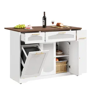 Garvee and Farmhouse Style Rolling Kitchen Island Tables on Wheels with Drop Leaf, Storage Cabinets Featuring 2 Doors, 2 Drawers, Spice Rack, and Tilt Out Bin - Portable, Space-Saving Kitchen Cart Designs