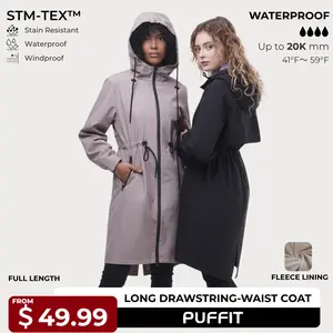 PUFFIT STM-TEX ST200 Long Length Ultra Waterproof Raincoat With Warm Brushed Lining And Drawstring Waist,High-Density Water-Resistant Material & Plush Lining,Shell Jacket,Spring Jacket,SpringStatements,Windbreaker,Dog Walking,School Running,Football Mum