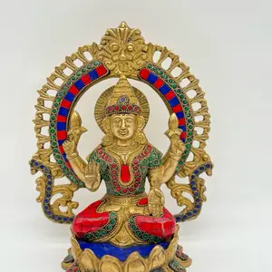 Goddess of Wealth Laxmi with Colorful Stones Handcrafted Brass Statue for Home Decor and Spiritual Significance
