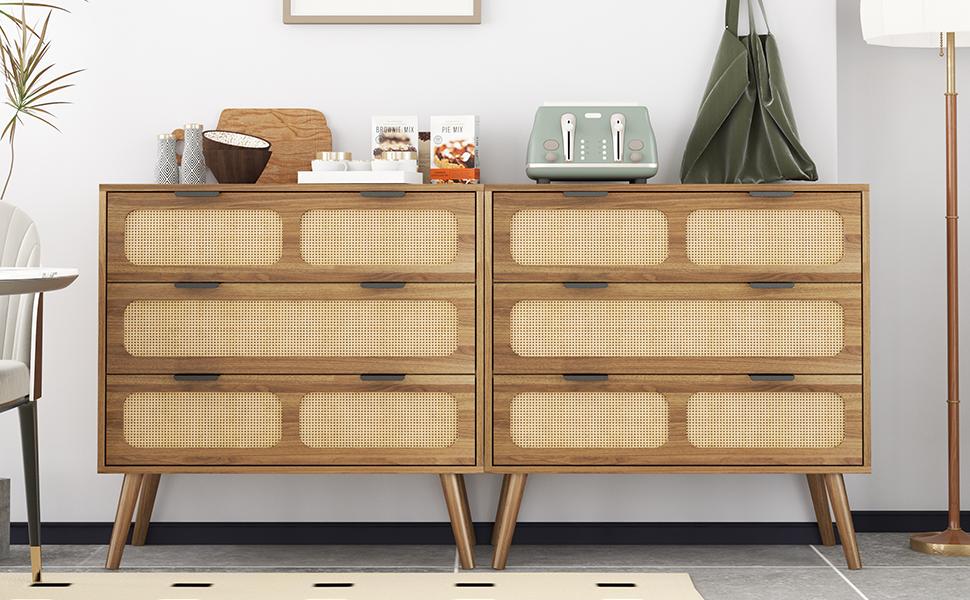 Giratree 3 Drawer Dresser, Modern Rattan Dresser Chest with Wide Drawers and Metal Handles, Farmhouse Wood Storage Chest of Drawers for Bedroom, Living Room, Hallway, Entryway