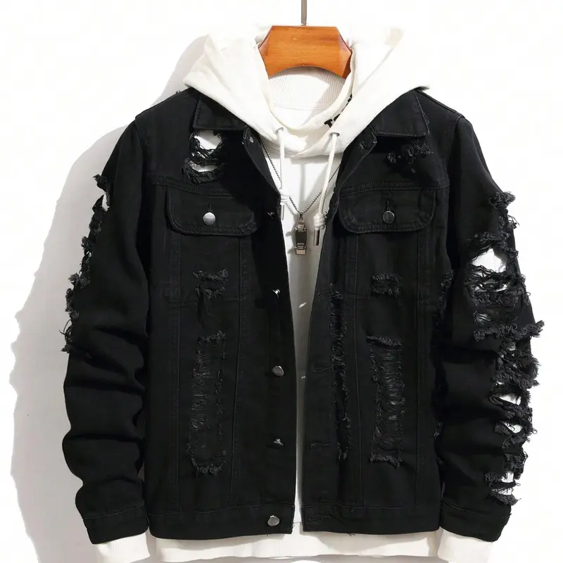 Men's Classic Solid Ripped Design Button Down Denim Jacket, Regular Fit Casual Fashion Comfy Long Sleeve Outerwear for Daily Wear, Men's Clothes for All Seasons, Coats