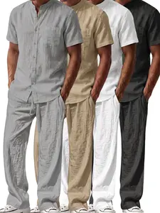Summer solid-color linen men’s casual set: simple stand collar with single-breasted front closure plus a chest patch pocket. Skin-friendly, breathable, wrinkle-resistant, and won’t feel stuffy when sweating. Effortless—no need to pair it with an entire ou
