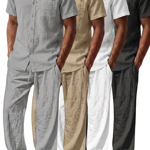 Summer solid-color linen men’s casual set: simple stand collar with single-breasted front closure plus a chest patch pocket. Skin-friendly, breathable, wrinkle-resistant, and won’t feel stuffy when sweating. Effortless—no need to pair it with an entire ou