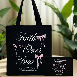 Women's Bow Letter Print Handbag with Zipper Clutch, Party Holiday Christian Theme Bag Set, Wedding Birthday Beach Outing Gift