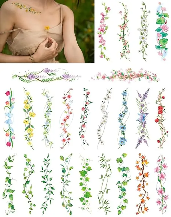 Flower Temporary Tattoos,24 Sheets Colored 3D Body Art Accessories for Adults Women Teen Girls, Water Transfer Fake Beach Flower Tattoo Stickers for Festival Costume Party