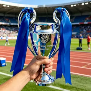 Uefa Cup Trophy Model, Football Match Large Ears Award Statue, Fan Memorial Gift, Blue Ribbon Uefa Cup Replica, Resin Electroplated Champion Trophy