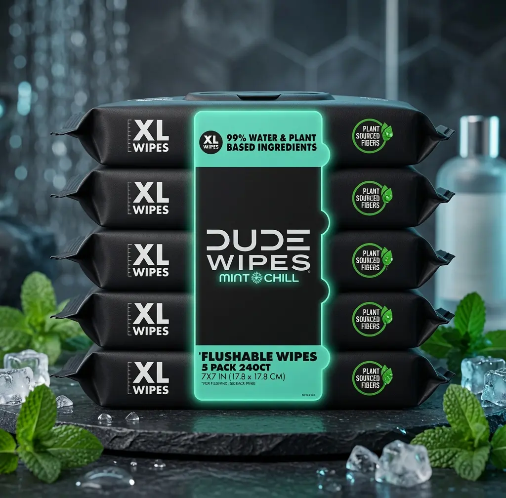 DUDE Wipes Extra Large Flushable Wipes XL Wet Wipes for at Home Use Mint Chill 48 Count 5 Pack 240 Total 99% Water Based Ingredients