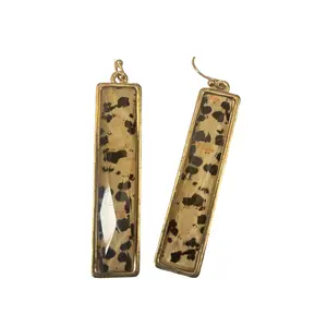 Elongated Rectangular Faceted Resin Dangle Earrings - Black, White & Gold Spotted