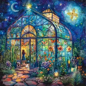 Starry Night Greenhouse Fantasy 5D Full Drill Diamond Painting Kit – Enchanted Whimsical Design with Shimmering Blue & Gold Accents – Magical Garden Art DIY Wall Decor – Ideal Gift for Dreamers & Craft Enthusiasts