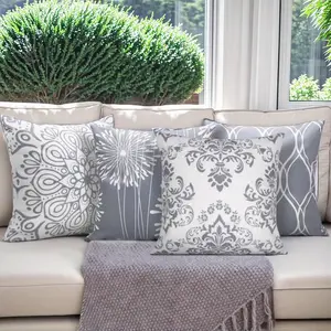 Set of 4 Cushion Pillow Covers 18x18 Inch, Sofa Bed Decorative Pillows, Gray and White Modern Simple Square Throw Pillow Covers Cushion Covers for Farmhouse Home Living Room Mother'S Day Father'S Day Gifts