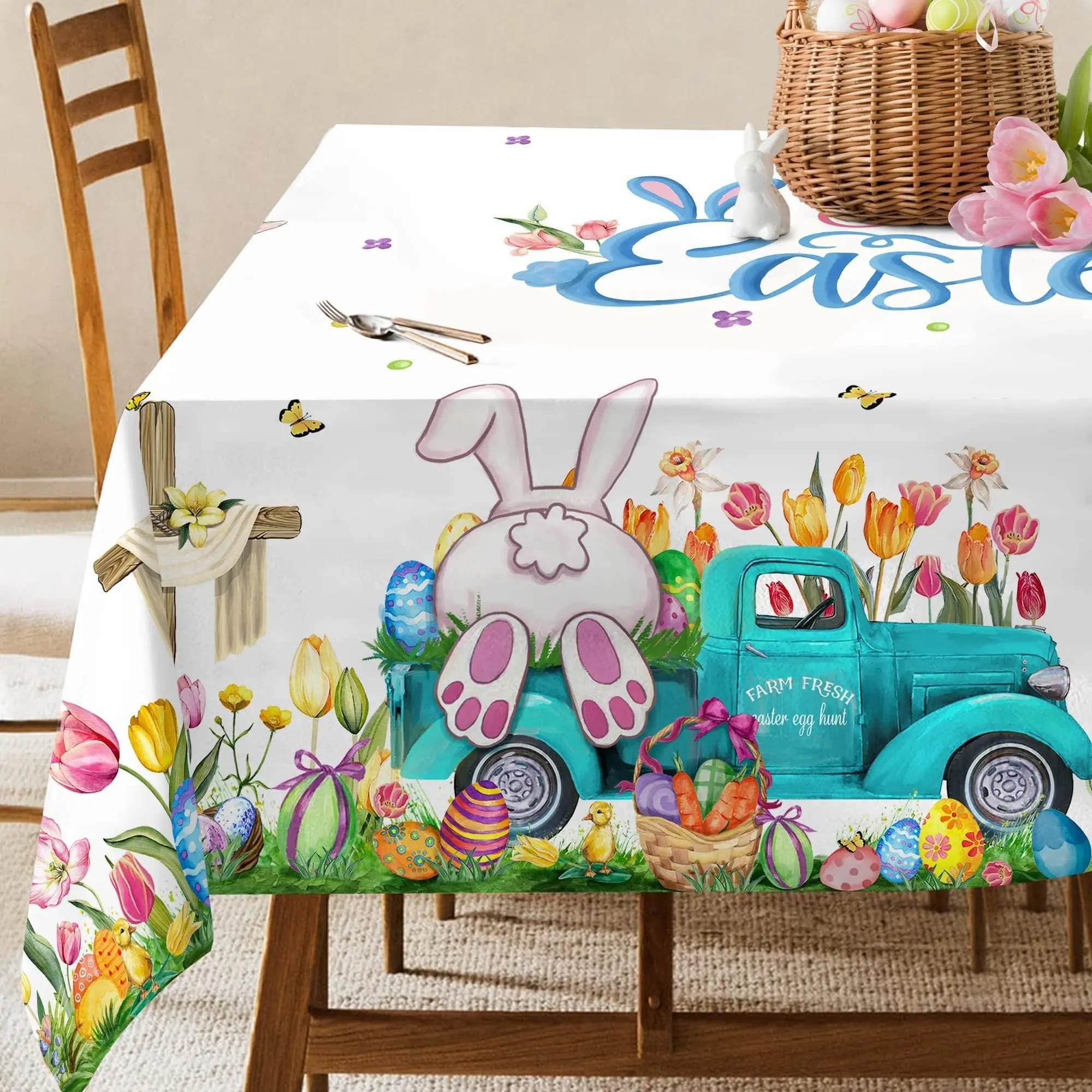 2D Flat Banner 1pc, Easter Tablecloth Rectangle, Bunny Eggs Truck Design, Perfect for Party & Home Dinner Decoration