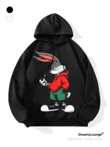 Classic Looney Tunes Rabbit Hoodie, Loose Fit Graphic Print, Casual Breathable Sweatshirt, Perfect for Daily Wear and Outdoor Activities