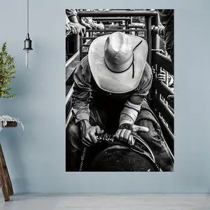 1 Piece Frameless Vintage Art Deco Style Black and White Cowboy Art Print, Vintage Prints, Vintage Wall Art - Western Cowboy in Cage Design, Ink on Canvas, Suitable for Home Decor, Vintage Room Decor, Gift Idea