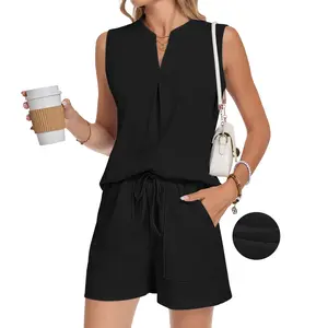 AUSELILY Women's Two Piece Sets Waffle Knit Summer V Neck Sleeveless Pleated Shorts Set Matching Sets Women Clothing 2026