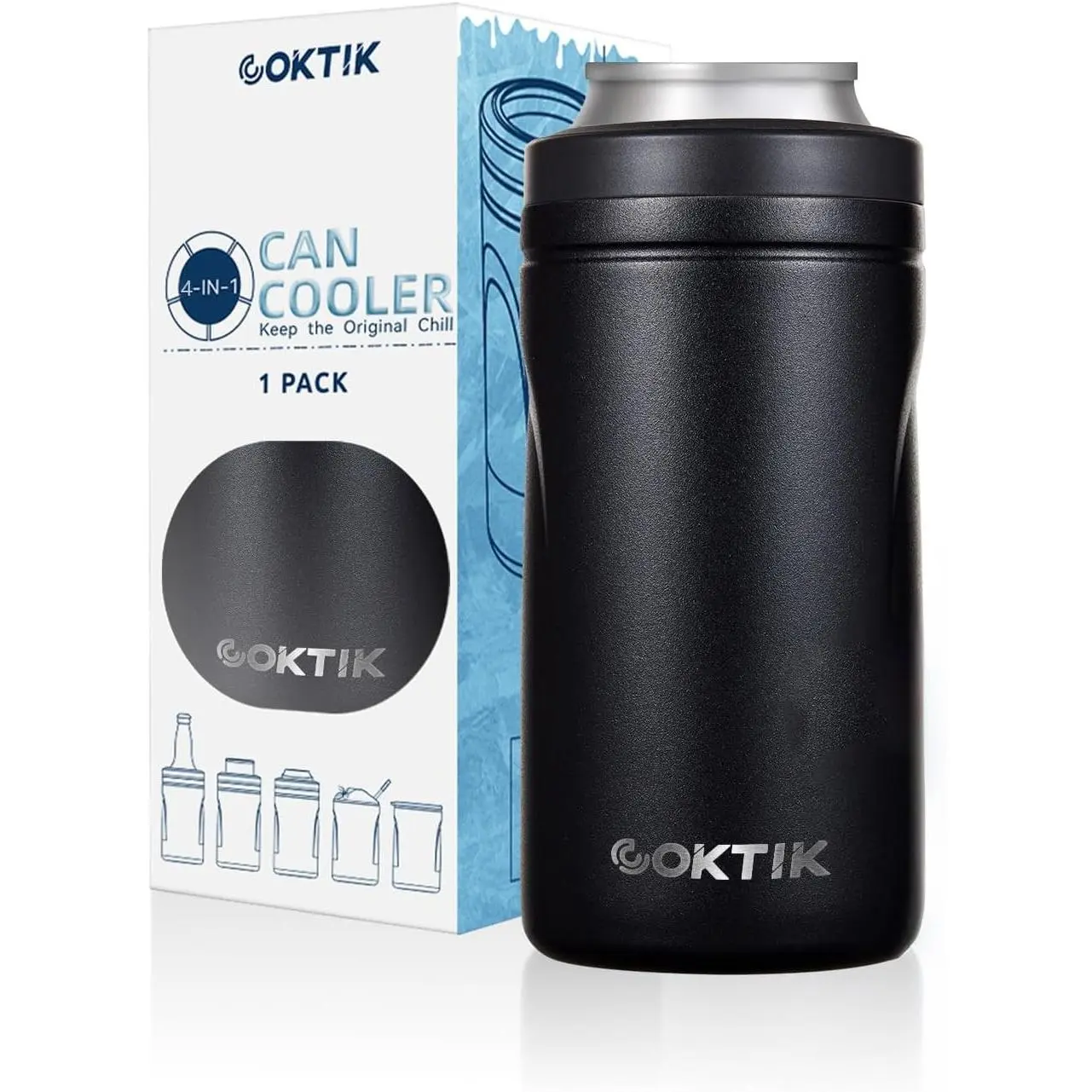 4 in 1 Insulated Can Cooler, Double Wall Slim Can Cooler for 12 oz Regular or Slim Cans & Beer Bottle (Black)